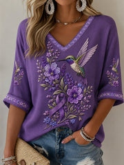 Women's Purple Floral & Hummingbird Print Alzheimer's Awareness Support Half-Sleeves V-Neck T-Shirt