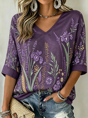 Women's Purple Plant Pattern Printed Mid-length Sleeves V-Neck T-Shirt