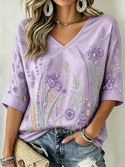 Women's Purple Plant Pattern Printed Mid-length Sleeves V-Neck T-Shirt