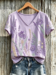 Women's purple plant flower pattern printed casual T-shirt