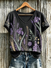 Women's purple plant flower pattern printed casual T-shirt