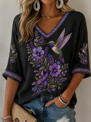Women's Purple Floral & Hummingbird Print Alzheimer's Awareness Support Half-Sleeves V-Neck T-Shirt