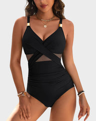 👙Summer Hot Sale 49%🩱Metallic Accent Mesh Panel One-Piece Swimsuit
