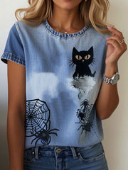 Women's Halloween Cat Print Casual T-shirt