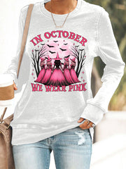 Women's In October We Wear Pink,Pink Halloween Witch Print Breast Cancer Awareness Sweatshirt