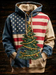 Men's Retro American Flag Christmas Tree Printed Hoodie