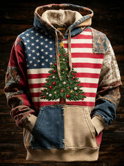 Men's Retro American Flag Christmas Tree Printed Hoodie
