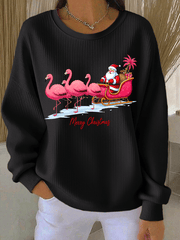 Women's Santa Claus Printed Ribbed Round-Neck Sweatshirt