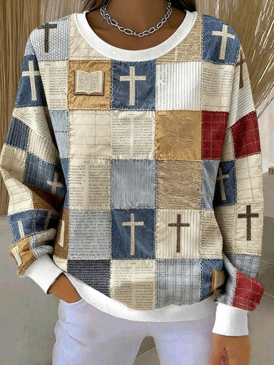 Women's Patchwork of Faith Printed Ribbed Round-Neck Sweatshirt
