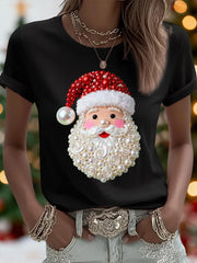 Women's Christmas Pearl Santa Claus Print Casual Tee