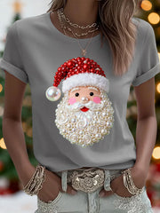 Women's Christmas Pearl Santa Claus Print Casual Tee