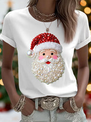Women's Christmas Pearl Santa Claus Print Casual Tee