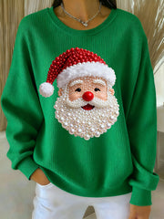 Women's Christmas Pearl Santa Claus Print Casual Sweater