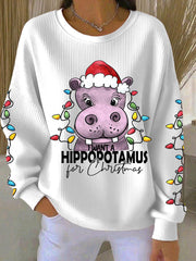 Women's I Want A Hippopotamus For Christmas Ribbed Round-Neck Sweatshirt