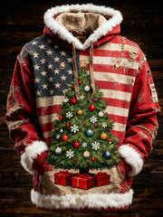 Men's Retro American Flag Christmas Tree Printed Hoodie