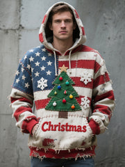 Men's Winter Christmas American Flag Patchwork Christmas Tree Oversized Hoodie