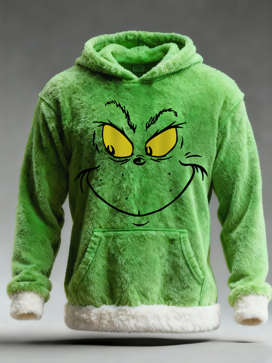 Men's Funny Classic Christmas Cartoon Character Print Casual Plush Pocket Hoodie
