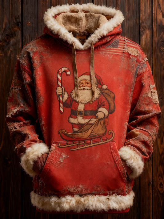 Men's Retro American Flag Christmas Santa Claus Printed Hoodie