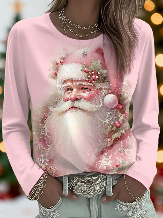 Women's Vintage Pink Christmas Santa Claus Print Casual Long Sleeve T-Shirt