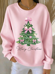 Women's Pink Christmas Tree Print Casual Sweatshirt