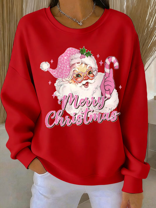 Women's Pink Christmas Santa Claus Print Casual Sweatshirt