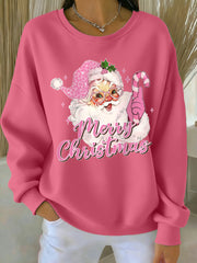 Women's Pink Christmas Santa Claus Print Casual Sweatshirt