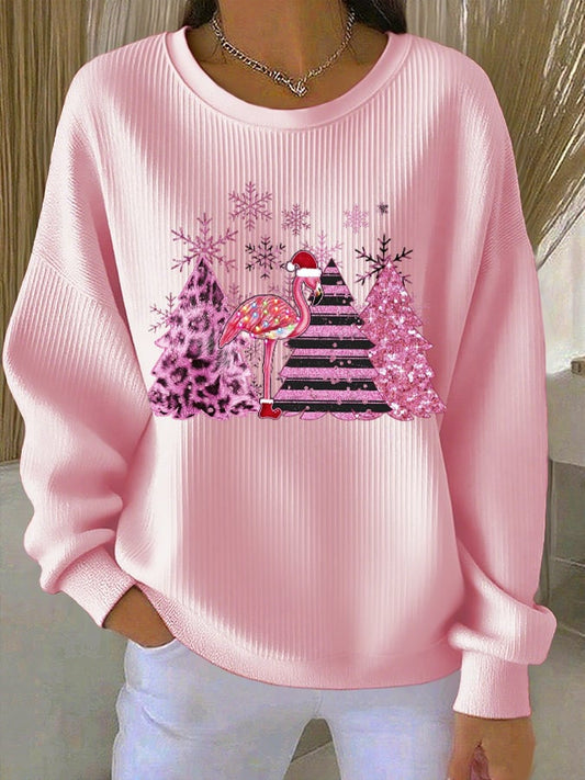 Women's Christmas Ribbed Round-Neck Sweatshirt