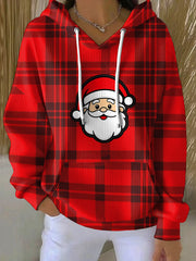 Women‘s Christmas Red Plaid Santa Claus Print Casual Hoodie