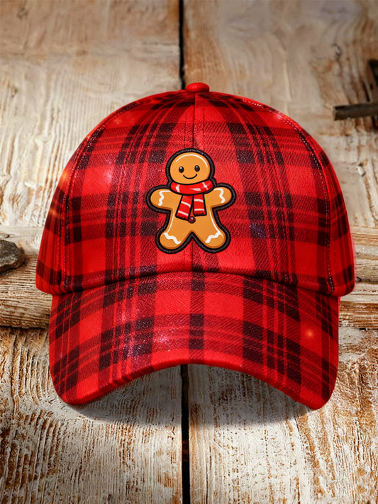 Unisex Christmas Red Plaid Gingerbread Man Print Hat