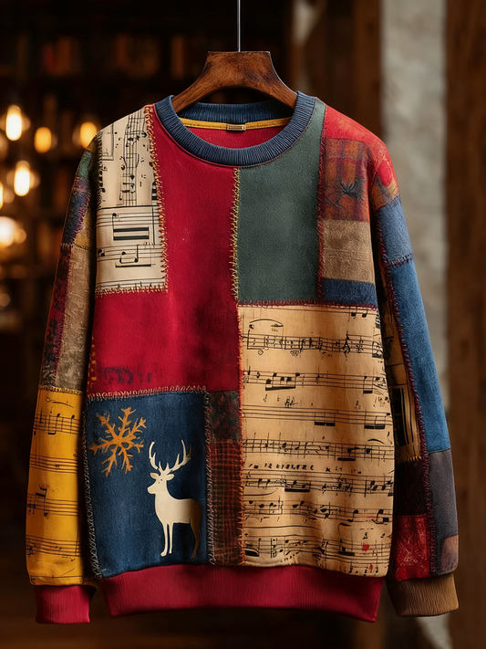 Men's Retro Casual Musical Note Christmas Party Art Sweatshirt