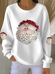 Women's Santa Claus Printed Ribbed Round-Neck Sweatshirt