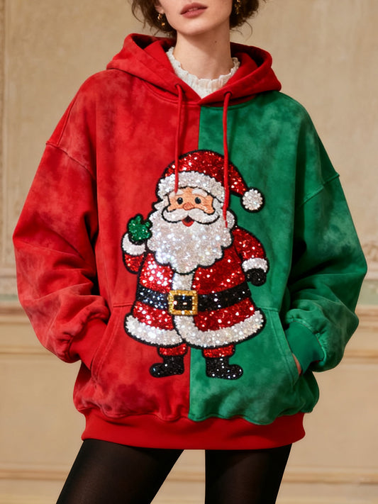 Women's Shiny Christmas Santa Pattern Vintage Hoodie