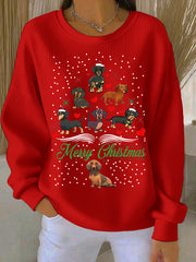 Women's Christmas Dachshund Christmas Tree Crew Neck Striped Sweatshirt