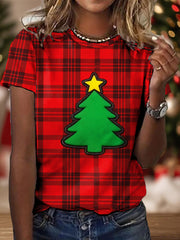 Women's Red Plaid Christmas Tree Print Casual Tee