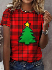 Women's Red Plaid Christmas Tree Print Casual Tee