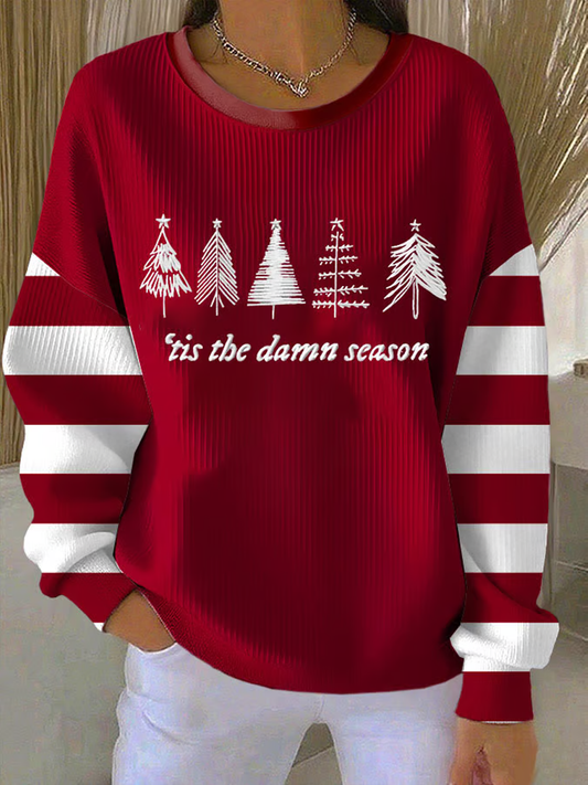 Women's Christmas tree Print Ribbed Round-Neck Sweatshirt