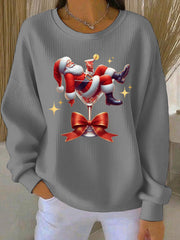 Women's Santa Claus and wine glass Print Ribbed Round-Neck Sweatshirt