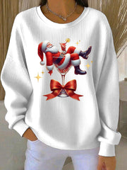 Women's Santa Claus and wine glass Print Ribbed Round-Neck Sweatshirt