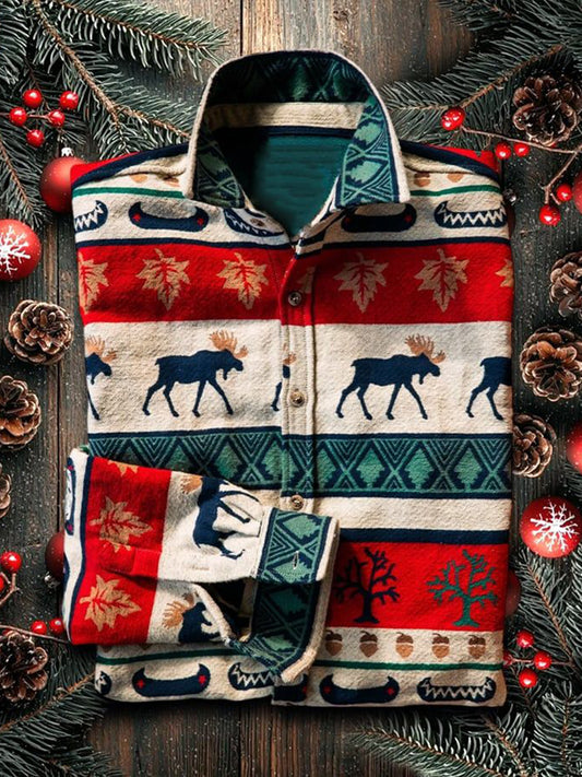 Men's Retro Christmas Elk Printed Shirt