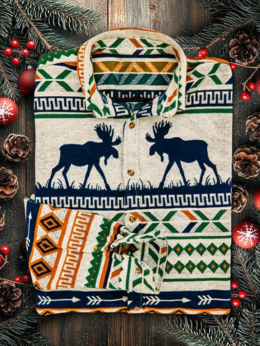 Men's Retro Christmas Elk Printed Shirt