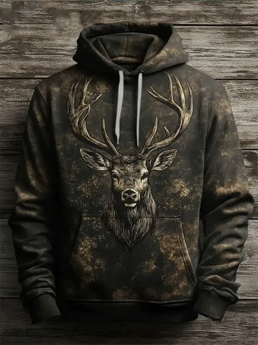 Men's Vintage Western Elk Printed Hoodie