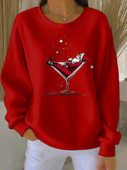 Women's Santa Claus Print Ribbed Round-Neck Sweatshirt