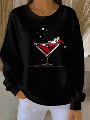 Women's Santa Claus Print Ribbed Round-Neck Sweatshirt
