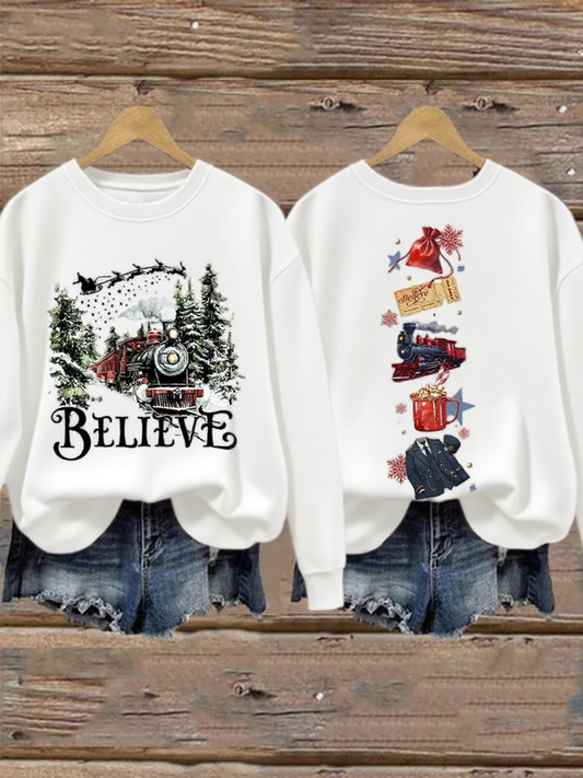 Women's Retro Christmas Believe Print Sweatshirt