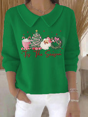 Women's Christmas Tree Santa Claus Art  Printed Baby Doll Collar Top