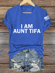 Women's I Am Aunt Tifa Aunties Against Fascists V-Neck Tee