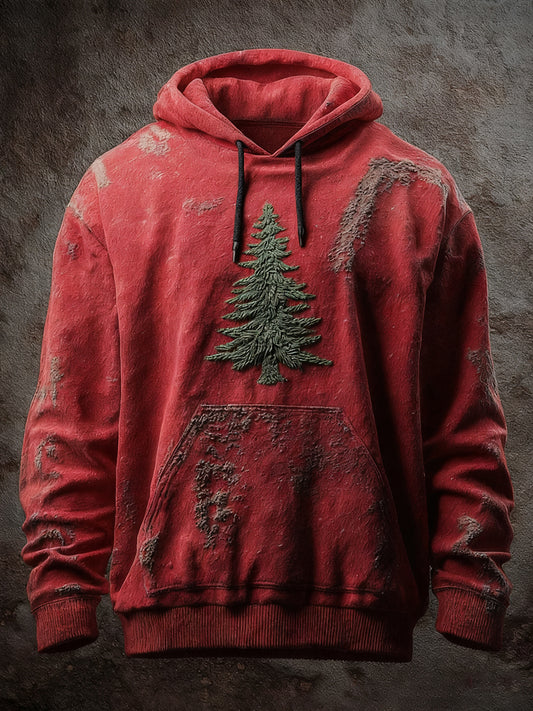 Men's Vintage Christmas Tree Art Print Casual Oversized Drop-Shoulder Hoodie with Pockets