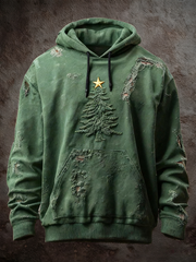 Men's Vintage Christmas Tree Art Print Casual Oversized Drop-Shoulder Hoodie with Pockets