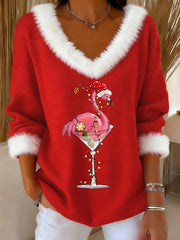 Women's Christmas Flamingo Cocktail Glass Print Casual Fur Collar V-Neck Top