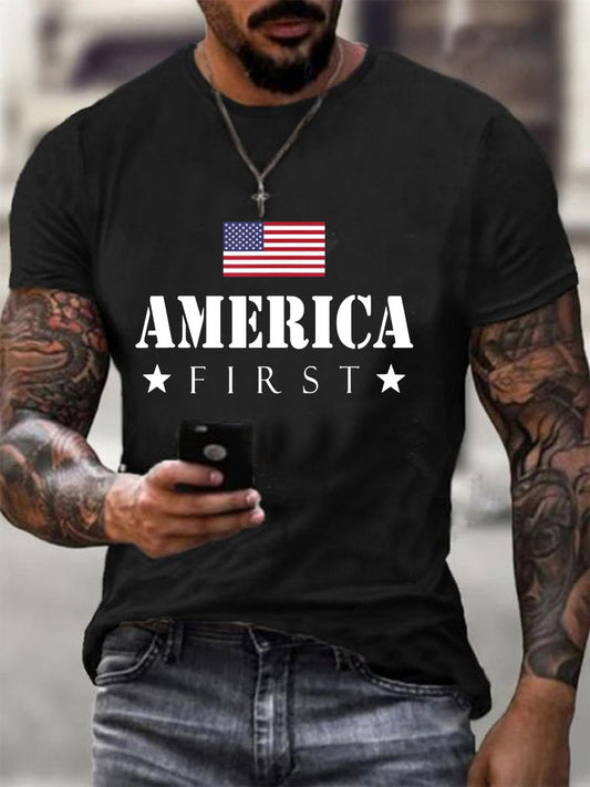 Men's America First Patriotic USA Flag Print Tee